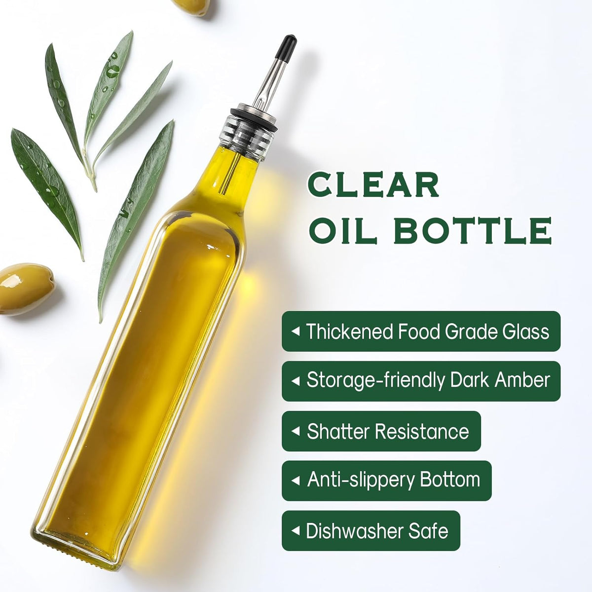 17oz Glass Olive Oil Bottle Dispenser - 500ml Green Oil and Vinegar Cruet with Pourers and Funnel - Olive Oil Carafe Decanter for Kitchen