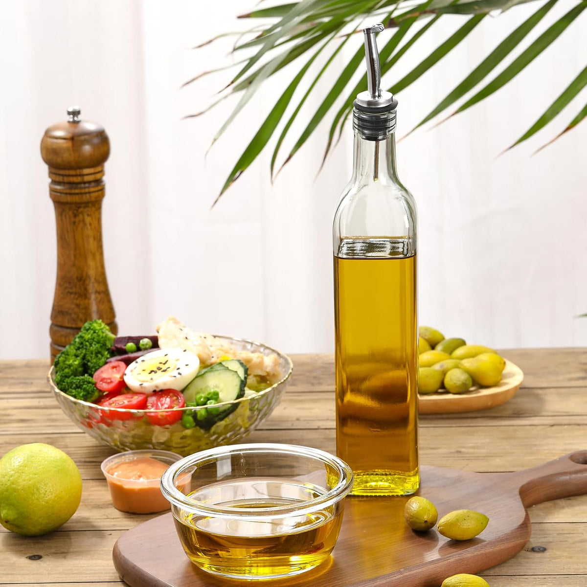 17oz Glass Olive Oil Bottle Dispenser - 500ml Green Oil and Vinegar Cruet with Pourers and Funnel - Olive Oil Carafe Decanter for Kitchen
