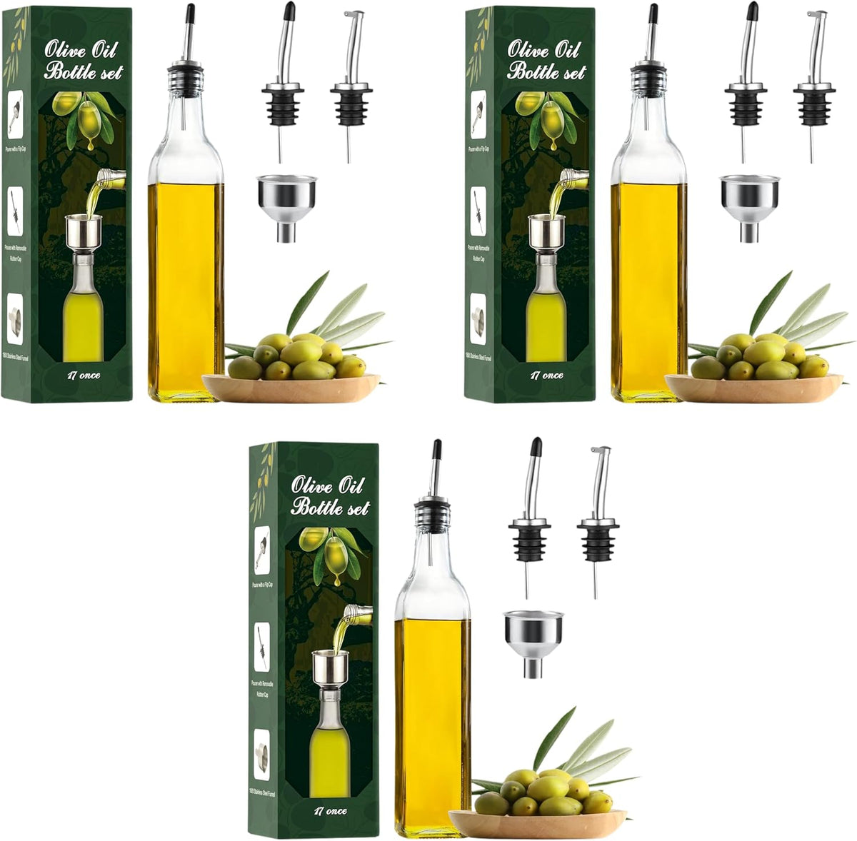 17oz Glass Olive Oil Bottle Dispenser - 500ml Green Oil and Vinegar Cruet with Pourers and Funnel - Olive Oil Carafe Decanter for Kitchen