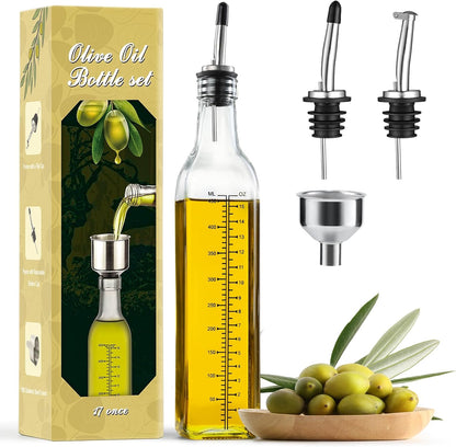 17oz Glass Olive Oil Bottle Dispenser - 500ml Green Oil and Vinegar Cruet with Pourers and Funnel - Olive Oil Carafe Decanter for Kitchen