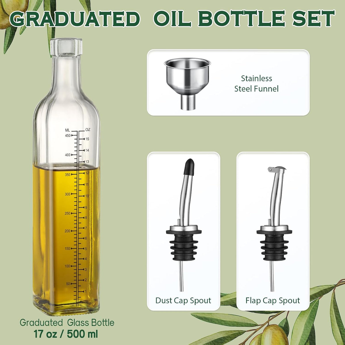 17oz Glass Olive Oil Bottle Dispenser - 500ml Green Oil and Vinegar Cruet with Pourers and Funnel - Olive Oil Carafe Decanter for Kitchen