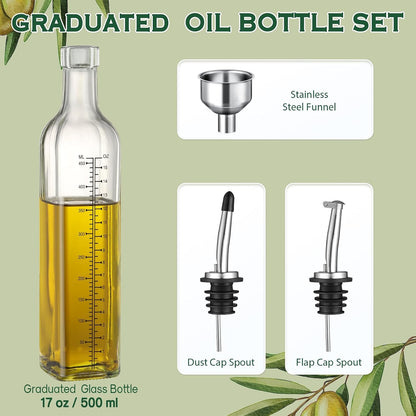 17oz Glass Olive Oil Bottle Dispenser - 500ml Green Oil and Vinegar Cruet with Pourers and Funnel - Olive Oil Carafe Decanter for Kitchen