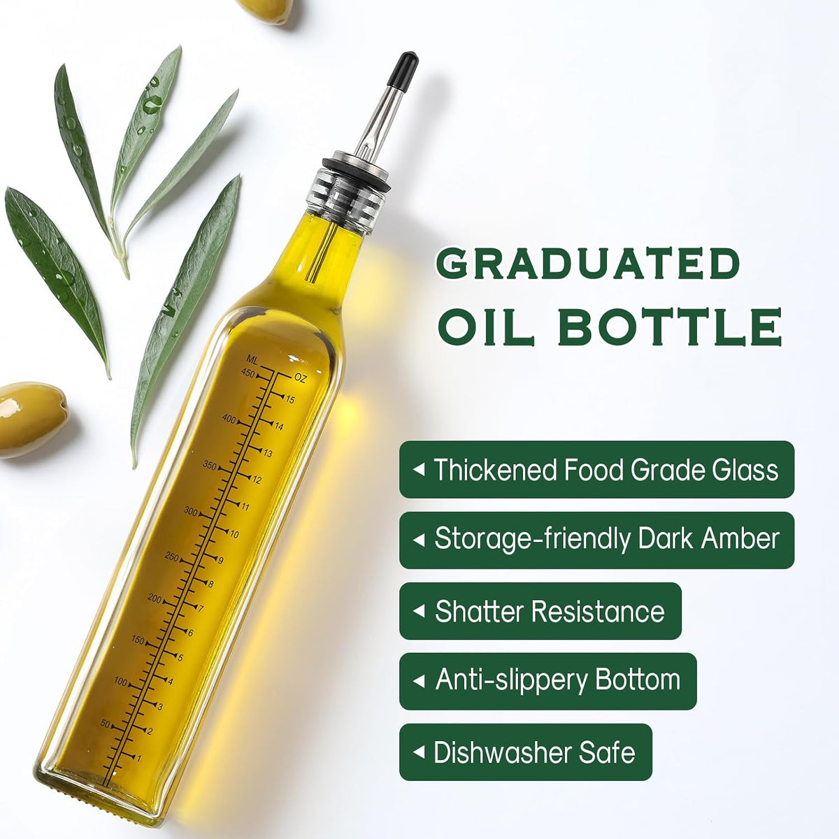 17oz Glass Olive Oil Bottle Dispenser - 500ml Green Oil and Vinegar Cruet with Pourers and Funnel - Olive Oil Carafe Decanter for Kitchen