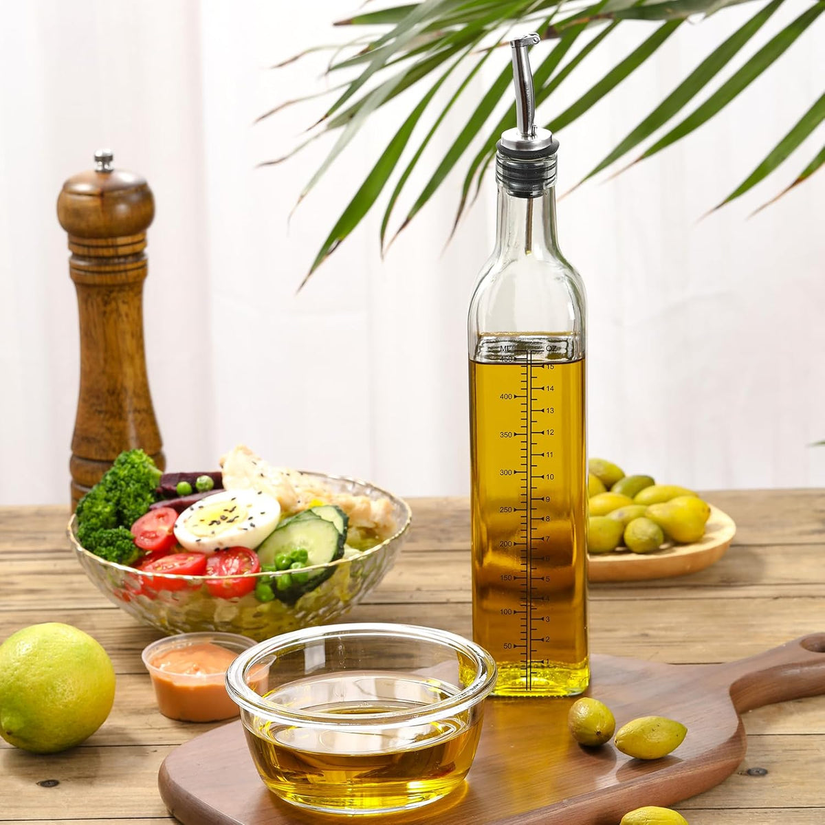17oz Glass Olive Oil Bottle Dispenser - 500ml Green Oil and Vinegar Cruet with Pourers and Funnel - Olive Oil Carafe Decanter for Kitchen