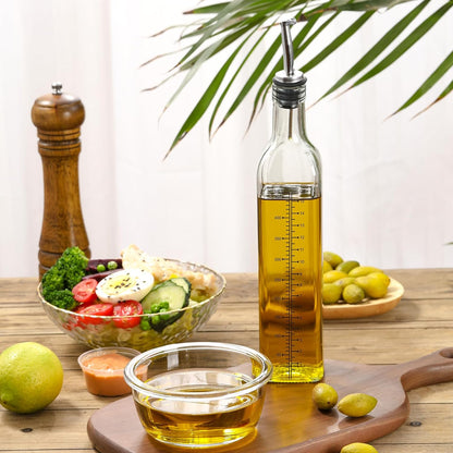 17oz Glass Olive Oil Bottle Dispenser - 500ml Green Oil and Vinegar Cruet with Pourers and Funnel - Olive Oil Carafe Decanter for Kitchen