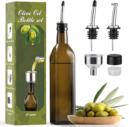 17oz Glass Olive Oil Bottle Dispenser - 500ml Green Oil and Vinegar Cruet with Pourers and Funnel - Olive Oil Carafe Decanter for Kitchen