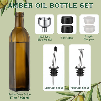 17oz Glass Olive Oil Bottle Dispenser - 500ml Green Oil and Vinegar Cruet with Pourers and Funnel - Olive Oil Carafe Decanter for Kitchen