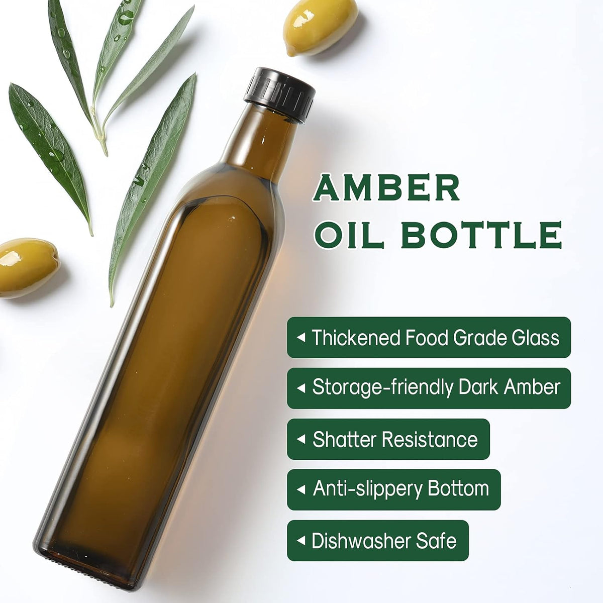 17oz Glass Olive Oil Bottle Dispenser - 500ml Green Oil and Vinegar Cruet with Pourers and Funnel - Olive Oil Carafe Decanter for Kitchen