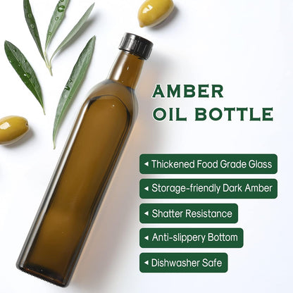 17oz Glass Olive Oil Bottle Dispenser - 500ml Green Oil and Vinegar Cruet with Pourers and Funnel - Olive Oil Carafe Decanter for Kitchen