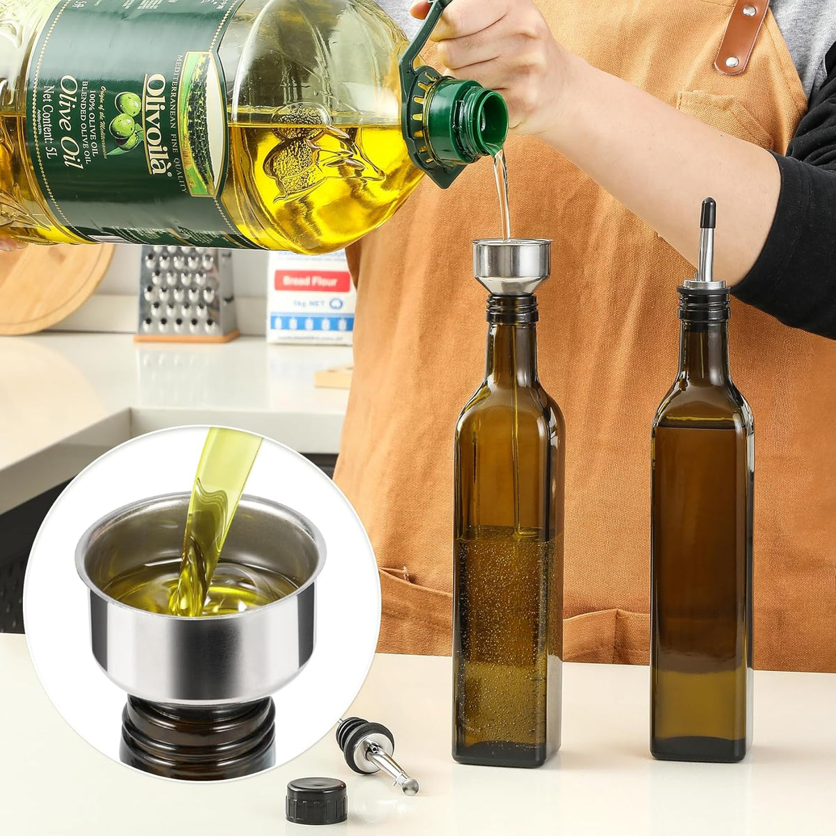 17oz Glass Olive Oil Bottle Dispenser - 500ml Green Oil and Vinegar Cruet with Pourers and Funnel - Olive Oil Carafe Decanter for Kitchen