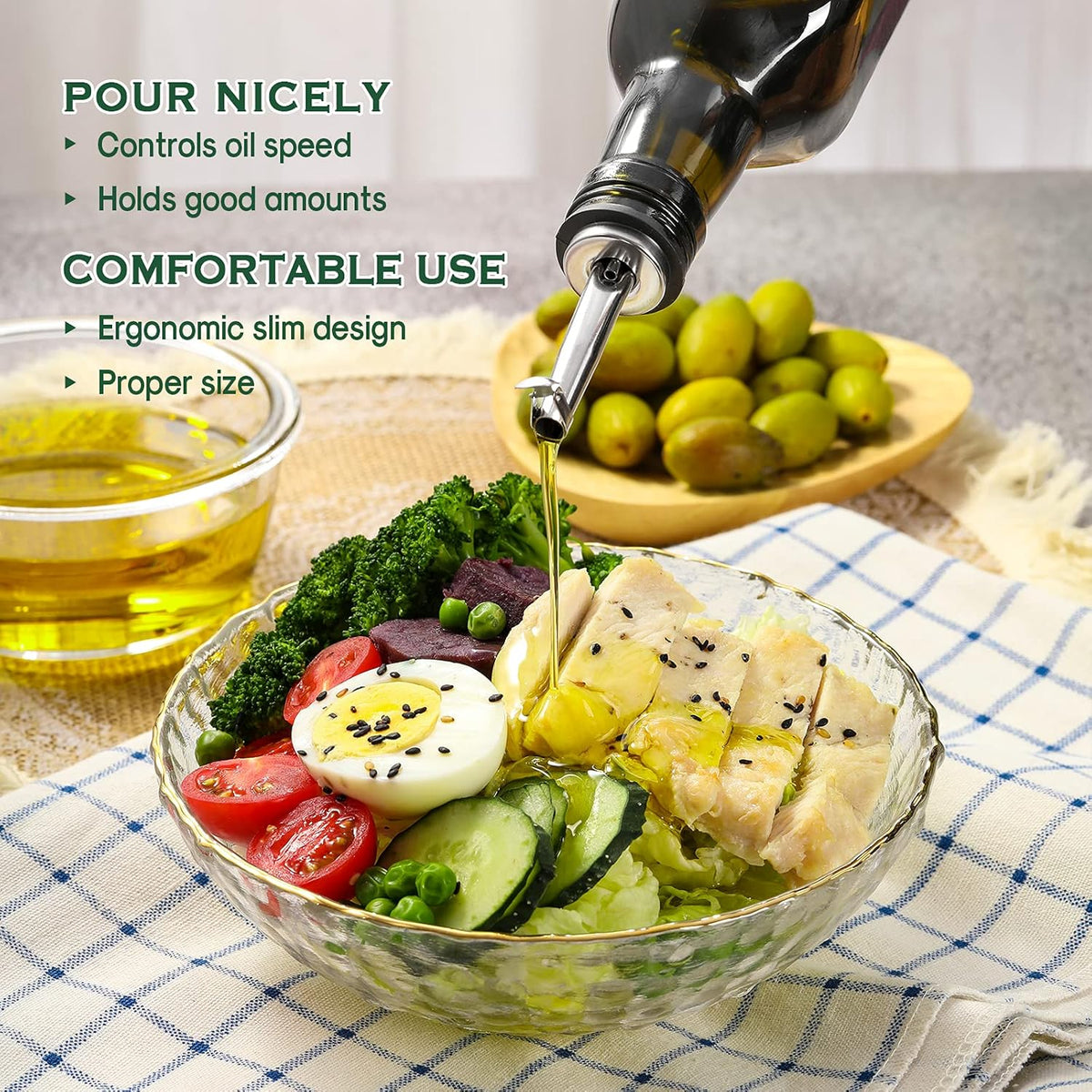 17oz Glass Olive Oil Bottle Dispenser - 500ml Green Oil and Vinegar Cruet with Pourers and Funnel - Olive Oil Carafe Decanter for Kitchen