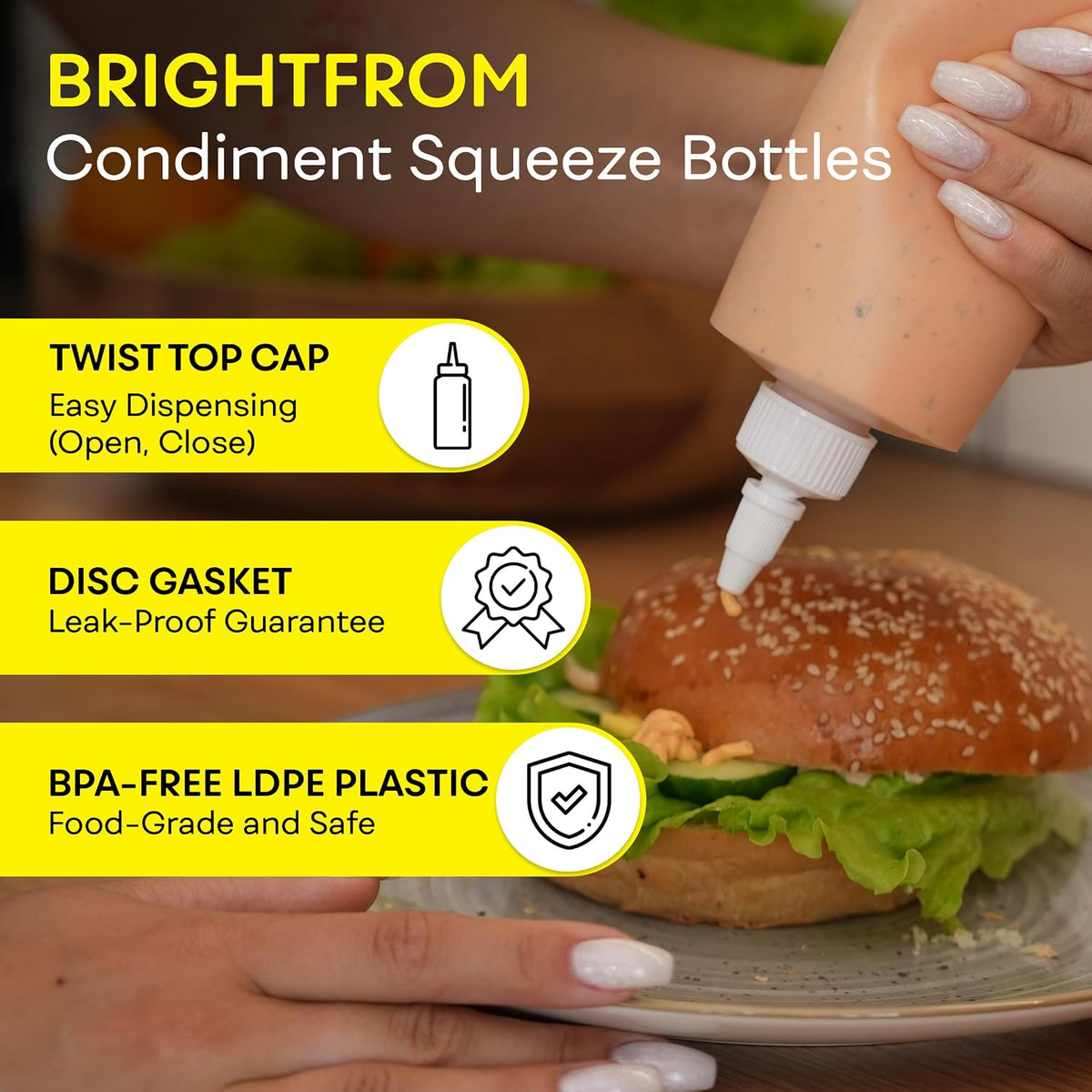 Condiment Squeeze Bottles, 16 OZ Empty Squirt Bottle with Twist Top Cap, Leak Proof - Great for Ketchup, Mustard, Syrup, Sauces, Dressing, Oil, Arts and Crafts, BPA FREE Plastic - 2 PACK
