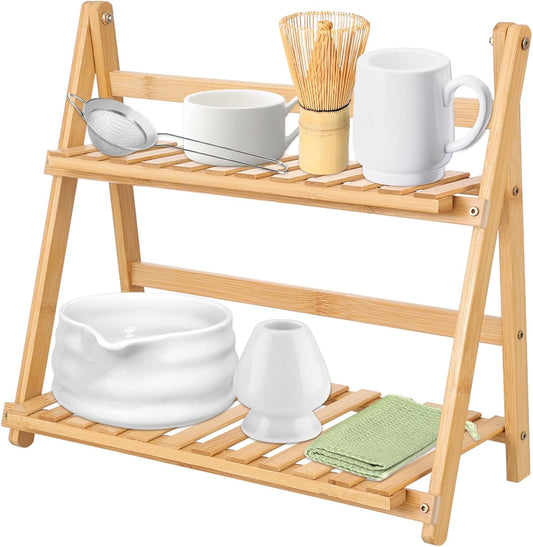 Matcha Station, 15.3 Inch Wooden Matcha Whisk Set Organizer Stand Shelf for Countertop, Bamboo Matcha Whisk Set Station for Store Green Tea Powder Scoop Mugs in Tea Room Coffee Bar Kitchen Countertops