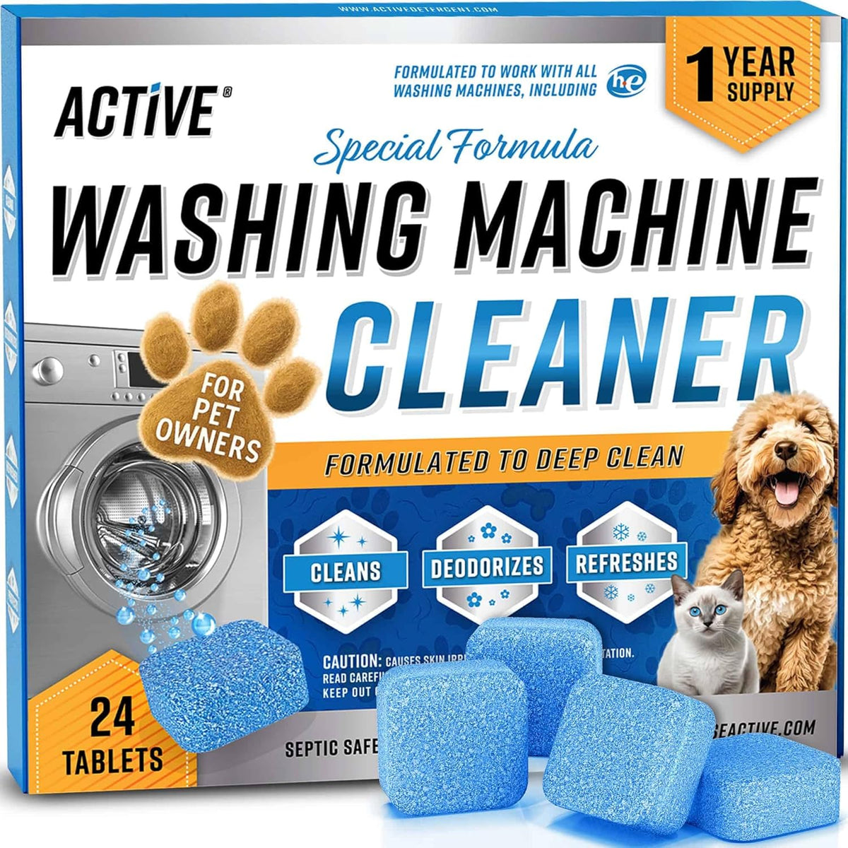 Washing Machine Cleaner for Pet Owners Enzymatic Deep Clean Descaler for Cat & Dog Hair, Urine, Odor, Residue, 24 Septic-Safe Tablets for Top Load, Front Loader, HE Washer Tub - 1 Year Supply