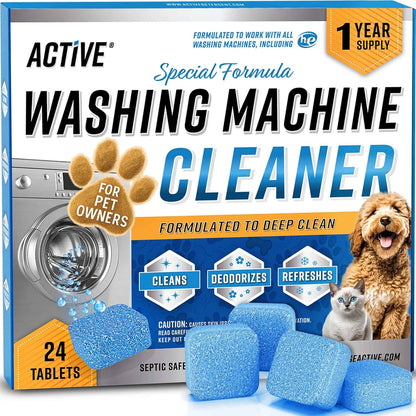 Washing Machine Cleaner for Pet Owners Enzymatic Deep Clean Descaler for Cat & Dog Hair, Urine, Odor, Residue, 24 Septic-Safe Tablets for Top Load, Front Loader, HE Washer Tub - 1 Year Supply
