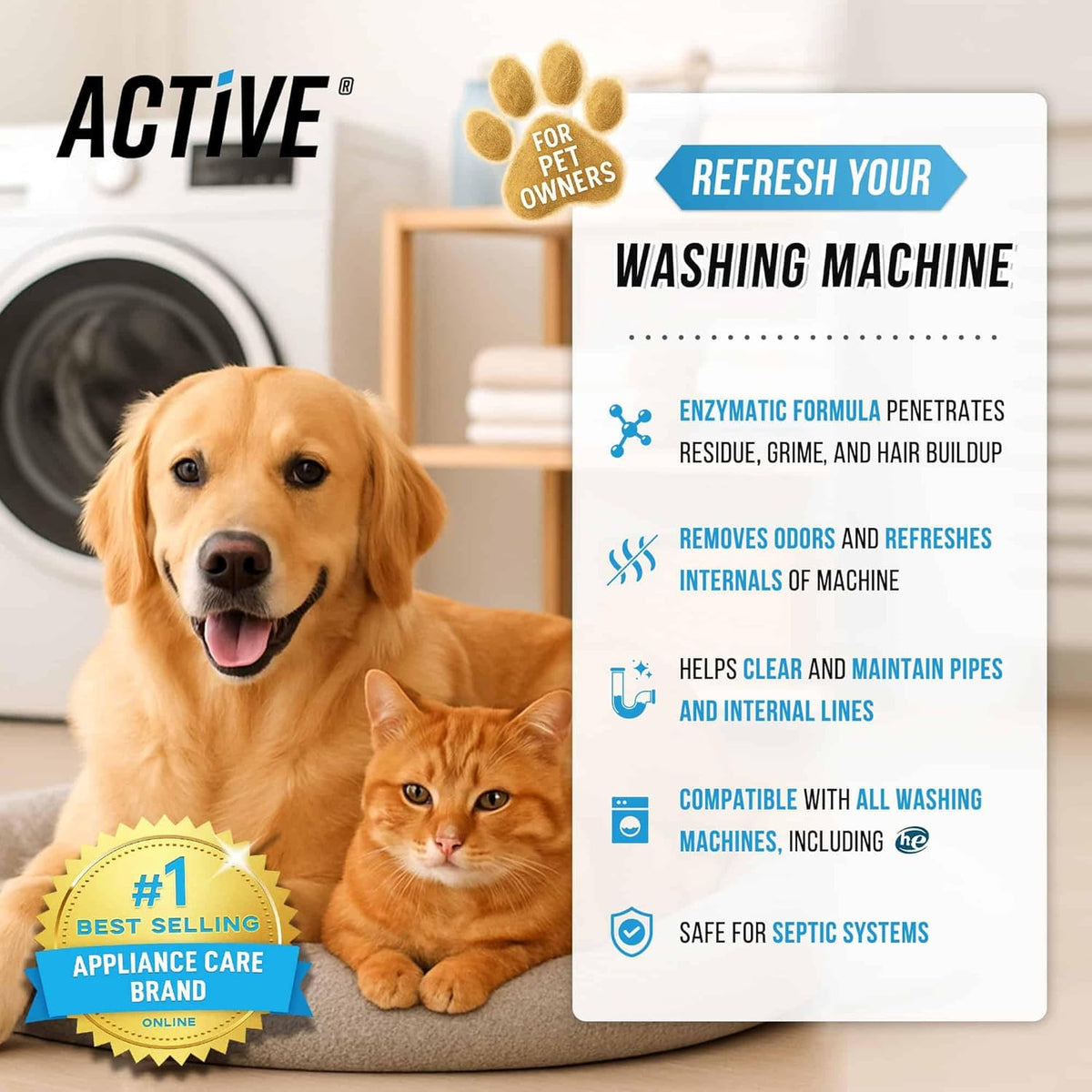 Washing Machine Cleaner for Pet Owners Enzymatic Deep Clean Descaler for Cat & Dog Hair, Urine, Odor, Residue, 24 Septic-Safe Tablets for Top Load, Front Loader, HE Washer Tub - 1 Year Supply