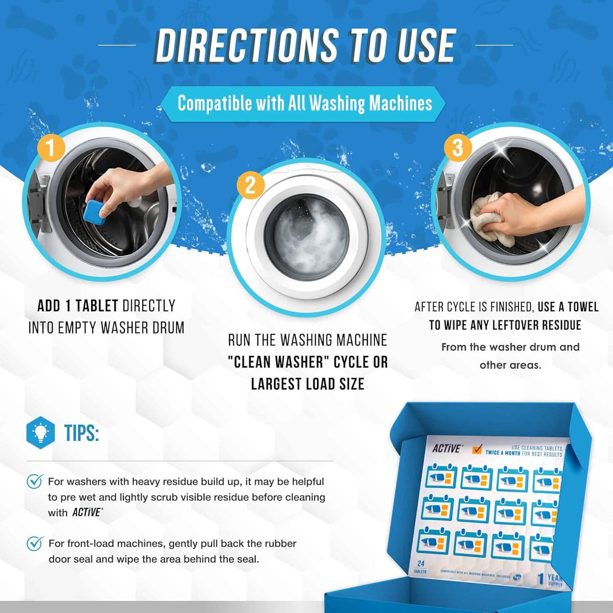 Washing Machine Cleaner for Pet Owners Enzymatic Deep Clean Descaler for Cat & Dog Hair, Urine, Odor, Residue, 24 Septic-Safe Tablets for Top Load, Front Loader, HE Washer Tub - 1 Year Supply