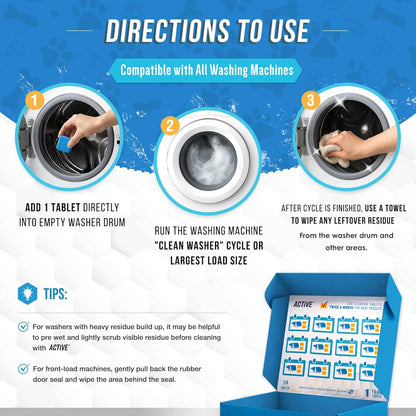 Washing Machine Cleaner for Pet Owners Enzymatic Deep Clean Descaler for Cat & Dog Hair, Urine, Odor, Residue, 24 Septic-Safe Tablets for Top Load, Front Loader, HE Washer Tub - 1 Year Supply