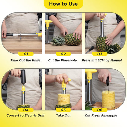 Pineapple Cutter with Knife, [Upgraded, Electric & Manual] Durable Pineapple Corer with Electric Drill Accessory, Stainless Steel Fruit Peeler Knife Pineapple Slicer Core Remover Kitchen Tool