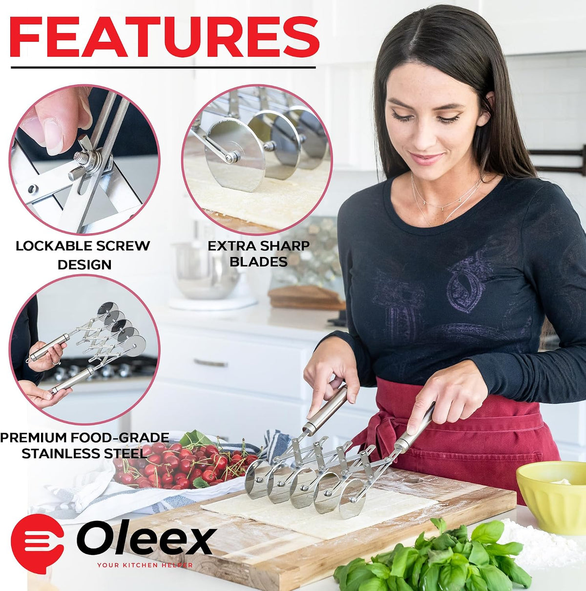 Oleex ‘All-Dough’ Pastry Cutter Set. 5 Wheel Dough Cutter and Dual Fluted Ravioli Cutter Wheel/Pizza Cutter Wheel! Versatile Brownie Cutter, Pasta Maker, Noodle Cutter, Stainless Steel Pizza Slicer