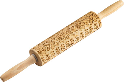 Embossed Beech Wood Rolling Pin – 15.25 Inches, Spring Floral Imprint for Baking, Durable Wood Rolling Pin for Cookies, Pastries & Fondant, Elegant Carved Design, Handwash Recommended