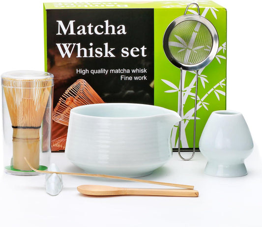 Matcha Whisk Set, 7pcs - Bamboo & Ceramic, Includes 19 oz Bowl, Whisk, Spoons, Holder, Sifter & More - Perfect for Matcha Lovers