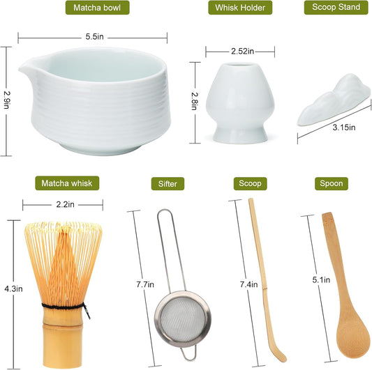 Matcha Whisk Set, 7pcs - Bamboo & Ceramic, Includes 19 oz Bowl, Whisk, Spoons, Holder, Sifter & More - Perfect for Matcha Lovers