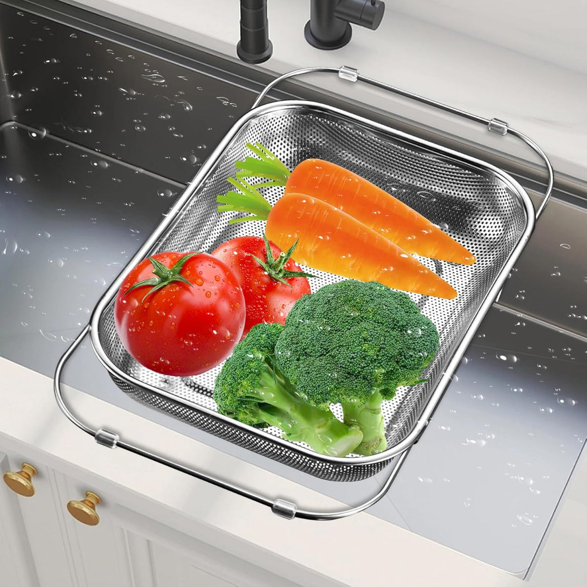 Adjustable Over Sink Colander, 14.2" to 17.4" Expandable Fine Mesh Food Strainer, Dishwasher Safe Drain Basket for Vegetables Fruit Pasta, Fits Small & Medium Kitchen Sinks