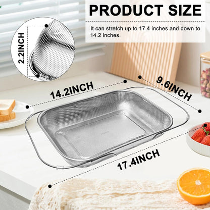 Adjustable Over Sink Colander, 14.2" to 17.4" Expandable Fine Mesh Food Strainer, Dishwasher Safe Drain Basket for Vegetables Fruit Pasta, Fits Small & Medium Kitchen Sinks
