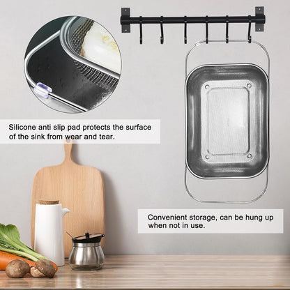 Adjustable Over Sink Colander, 14.2" to 17.4" Expandable Fine Mesh Food Strainer, Dishwasher Safe Drain Basket for Vegetables Fruit Pasta, Fits Small & Medium Kitchen Sinks
