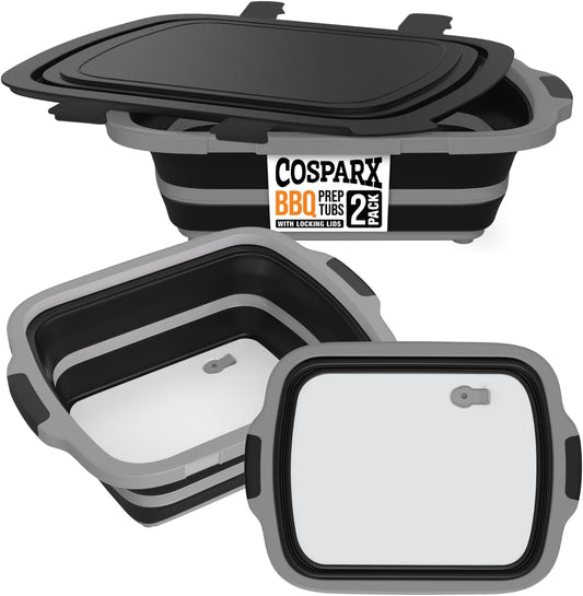 2-Pack XL Collapsible BBQ Prep Tub with Built-In Cutting Board, Lid & Strainer – Marinate, Drain & Prep – Large Food-Safe Container – Perfect for Grilling, Smoking & Outdoor Cooking (Black)