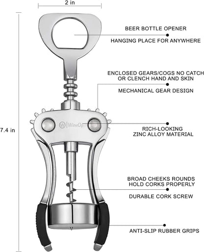 WineOp Professional Winged Wine Bottle Opener Corkscrew Beer Bottle Opener | Premium Wing Wine Opener Cork Screw for Home Kitchen Restaurant Bar Waiters Bartenders Multifunctional Easy Use Cork Opener