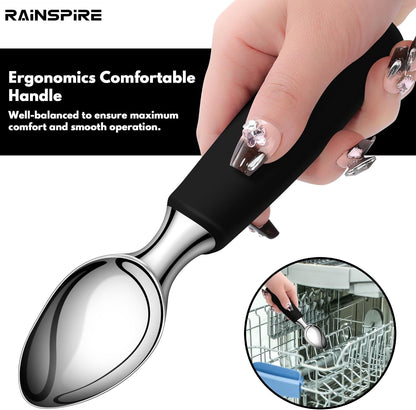 Ice Cream Scoop Stainless Steel, Ice Cream Scooper Professional Large Ice Cream Scoops With Non-Slip Rubber Handle, Ice Cream Spade for Cookie Dough, Gelato, Sorbet, Melon (Black)