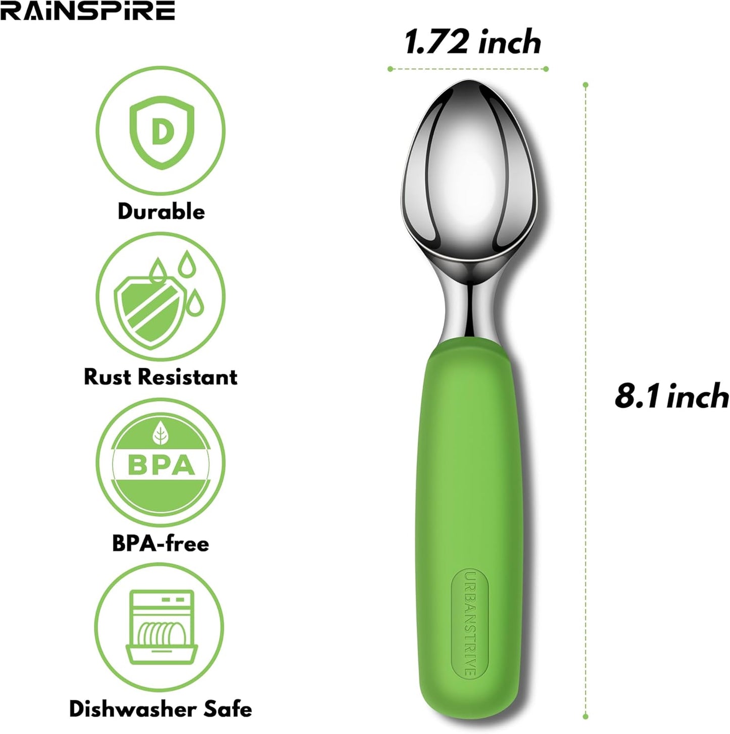 Ice Cream Scoop Stainless Steel, Ice Cream Scooper Professional Large Ice Cream Scoops With Non-Slip Rubber Handle, Ice Cream Spade for Cookie Dough, Gelato, Sorbet, Melon (Black)