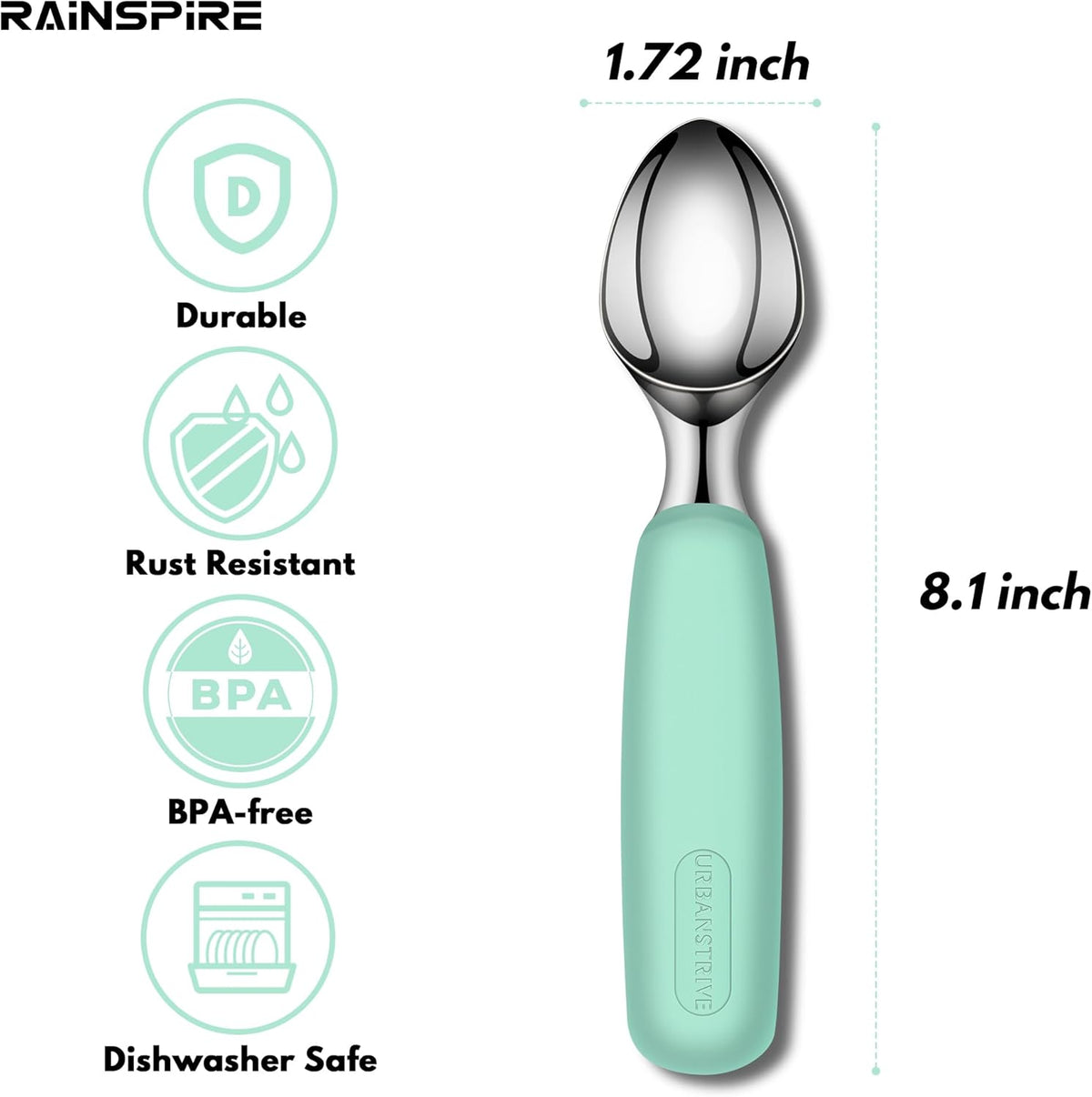Ice Cream Scoop Stainless Steel, Ice Cream Scooper Professional Large Ice Cream Scoops With Non-Slip Rubber Handle, Ice Cream Spade for Cookie Dough, Gelato, Sorbet, Melon (Black)