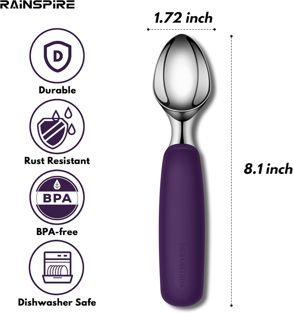 Ice Cream Scoop Stainless Steel, Ice Cream Scooper Professional Large Ice Cream Scoops With Non-Slip Rubber Handle, Ice Cream Spade for Cookie Dough, Gelato, Sorbet, Melon (Black)