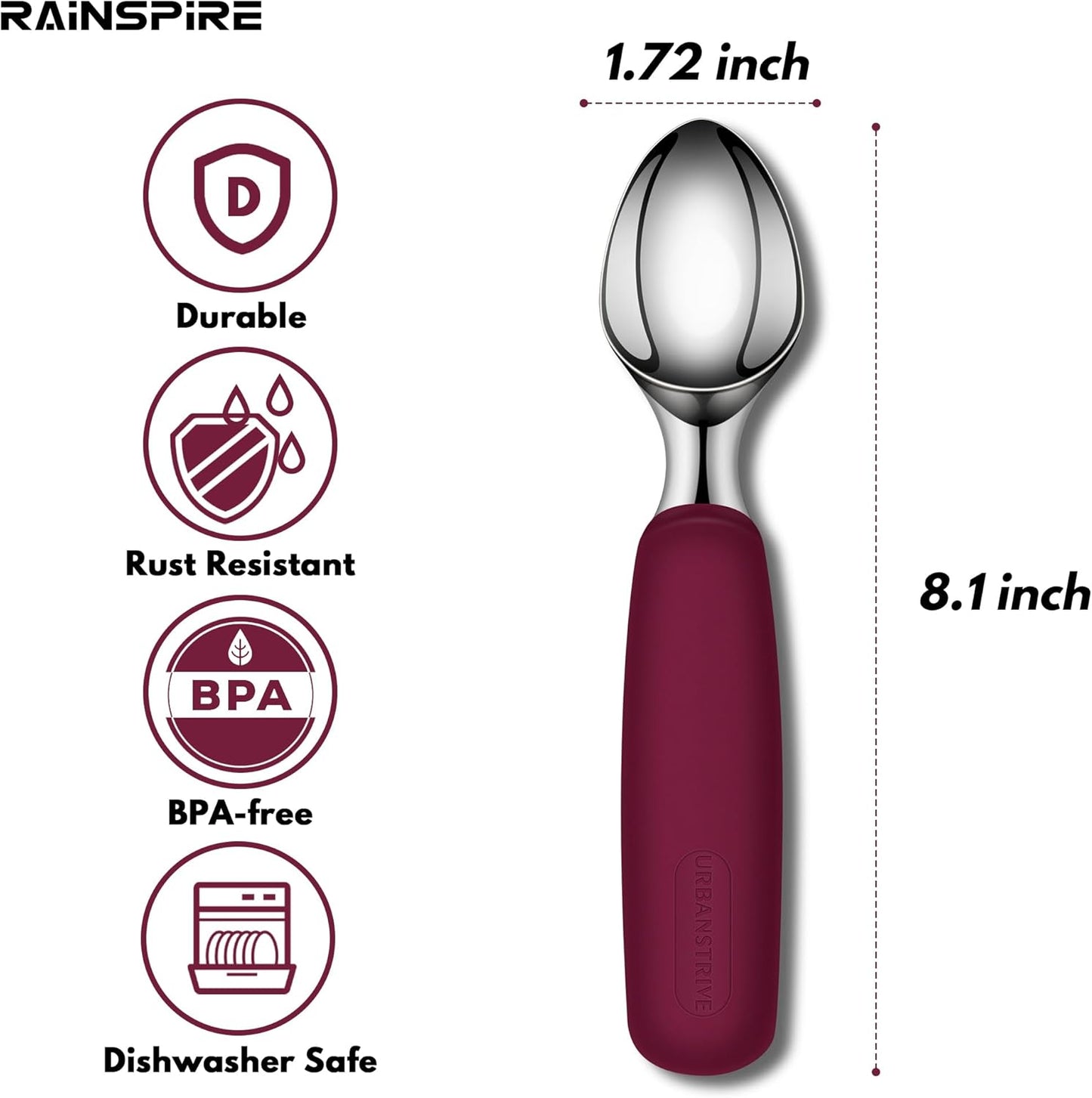 Ice Cream Scoop Stainless Steel, Ice Cream Scooper Professional Large Ice Cream Scoops With Non-Slip Rubber Handle, Ice Cream Spade for Cookie Dough, Gelato, Sorbet, Melon (Black)