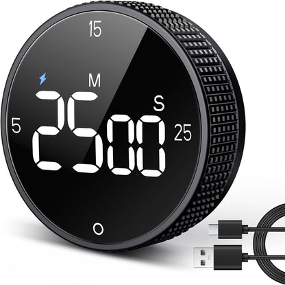 USB Rechargeable Magnetic Kitchen Timer for Cooking, Building 800mAh Battery Large Display Digital Countdown Countup Timer, 3 Preset 5/15/25 Mins Loud Alarm for Kitchen Classroom Grilling Studying