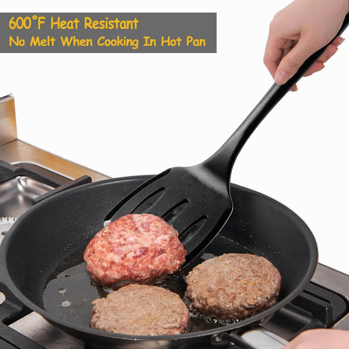 Silicone Spatula Set, 600°F Heat Resistant Kitchen Utensils, 4-Pcs, Black