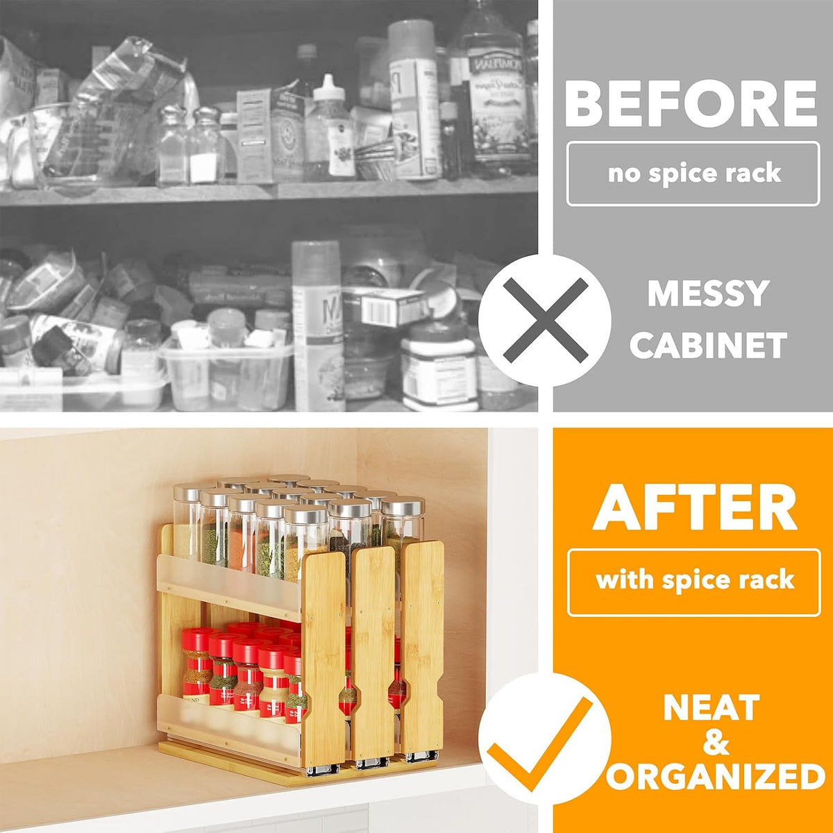 Bamboo Pull Out Spice Rack Organizer for Cabinet, Heavy Duty Slide Out Seasoning Kitchen Pantry Sliding Vertical Organization, 7.6" Wide, 3 Drawers(2" Wide), 2-Tier, Natural