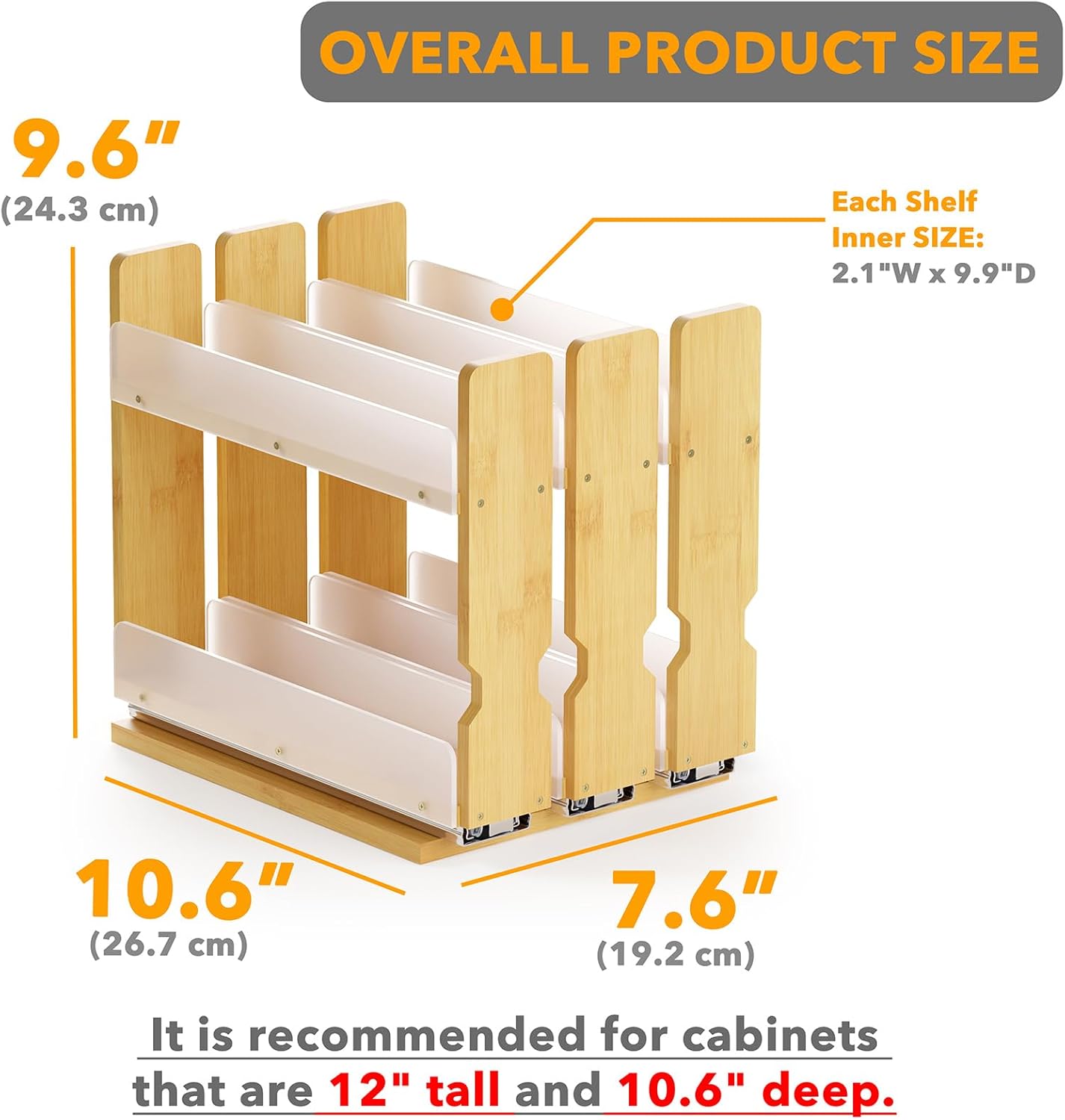 Bamboo Pull Out Spice Rack Organizer for Cabinet, Heavy Duty Slide Out Seasoning Kitchen Pantry Sliding Vertical Organization, 7.6" Wide, 3 Drawers(2" Wide), 2-Tier, Natural
