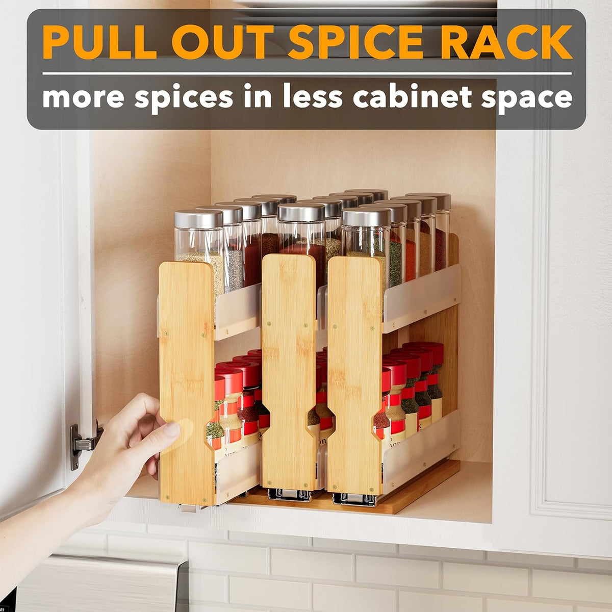 Bamboo Pull Out Spice Rack Organizer for Cabinet, Heavy Duty Slide Out Seasoning Kitchen Pantry Sliding Vertical Organization, 7.6" Wide, 3 Drawers(2" Wide), 2-Tier, Natural