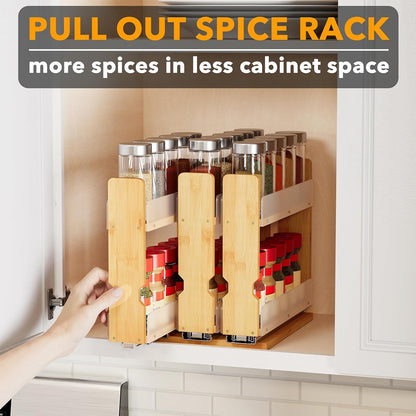 Bamboo Pull Out Spice Rack Organizer for Cabinet, Heavy Duty Slide Out Seasoning Kitchen Pantry Sliding Vertical Organization, 7.6" Wide, 3 Drawers(2" Wide), 2-Tier, Natural