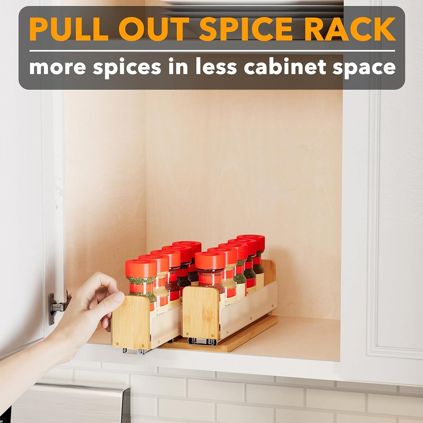 Bamboo Pull Out Spice Rack Organizer for Cabinet, Heavy Duty Slide Out Seasoning Kitchen Pantry Sliding Vertical Organization, 7.6" Wide, 3 Drawers(2" Wide), 2-Tier, Natural