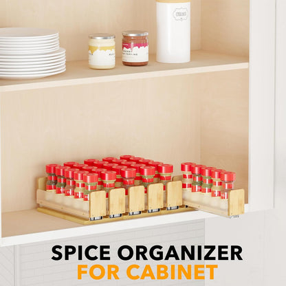 Bamboo Pull Out Spice Rack Organizer for Cabinet, Heavy Duty Slide Out Seasoning Kitchen Pantry Sliding Vertical Organization, 7.6" Wide, 3 Drawers(2" Wide), 2-Tier, Natural