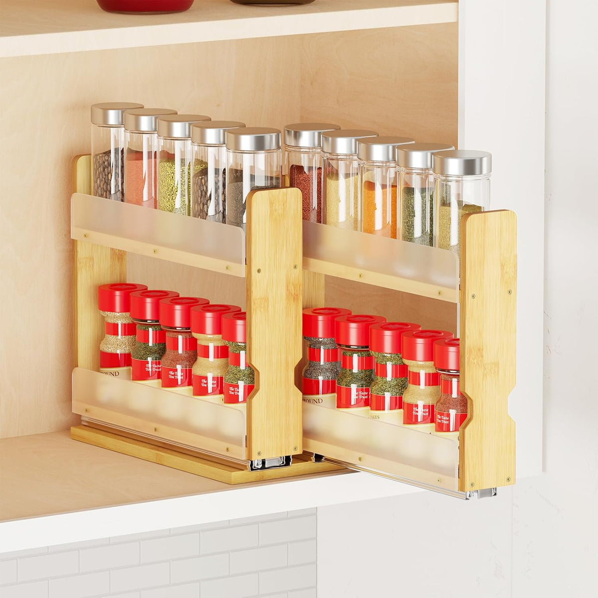 Bamboo Pull Out Spice Rack Organizer for Cabinet, Heavy Duty Slide Out Seasoning Kitchen Pantry Sliding Vertical Organization, 7.6" Wide, 3 Drawers(2" Wide), 2-Tier, Natural