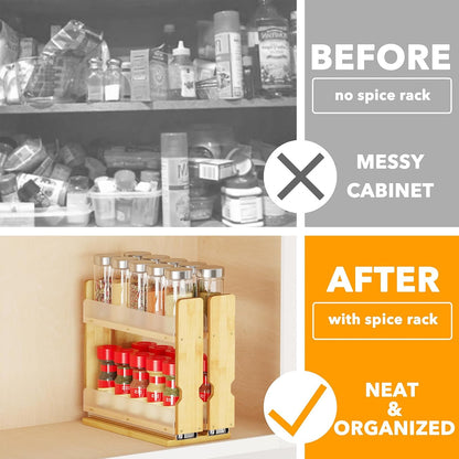 Bamboo Pull Out Spice Rack Organizer for Cabinet, Heavy Duty Slide Out Seasoning Kitchen Pantry Sliding Vertical Organization, 7.6" Wide, 3 Drawers(2" Wide), 2-Tier, Natural