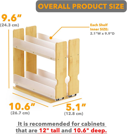 Bamboo Pull Out Spice Rack Organizer for Cabinet, Heavy Duty Slide Out Seasoning Kitchen Pantry Sliding Vertical Organization, 7.6" Wide, 3 Drawers(2" Wide), 2-Tier, Natural