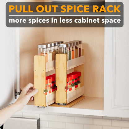 Bamboo Pull Out Spice Rack Organizer for Cabinet, Heavy Duty Slide Out Seasoning Kitchen Pantry Sliding Vertical Organization, 7.6" Wide, 3 Drawers(2" Wide), 2-Tier, Natural