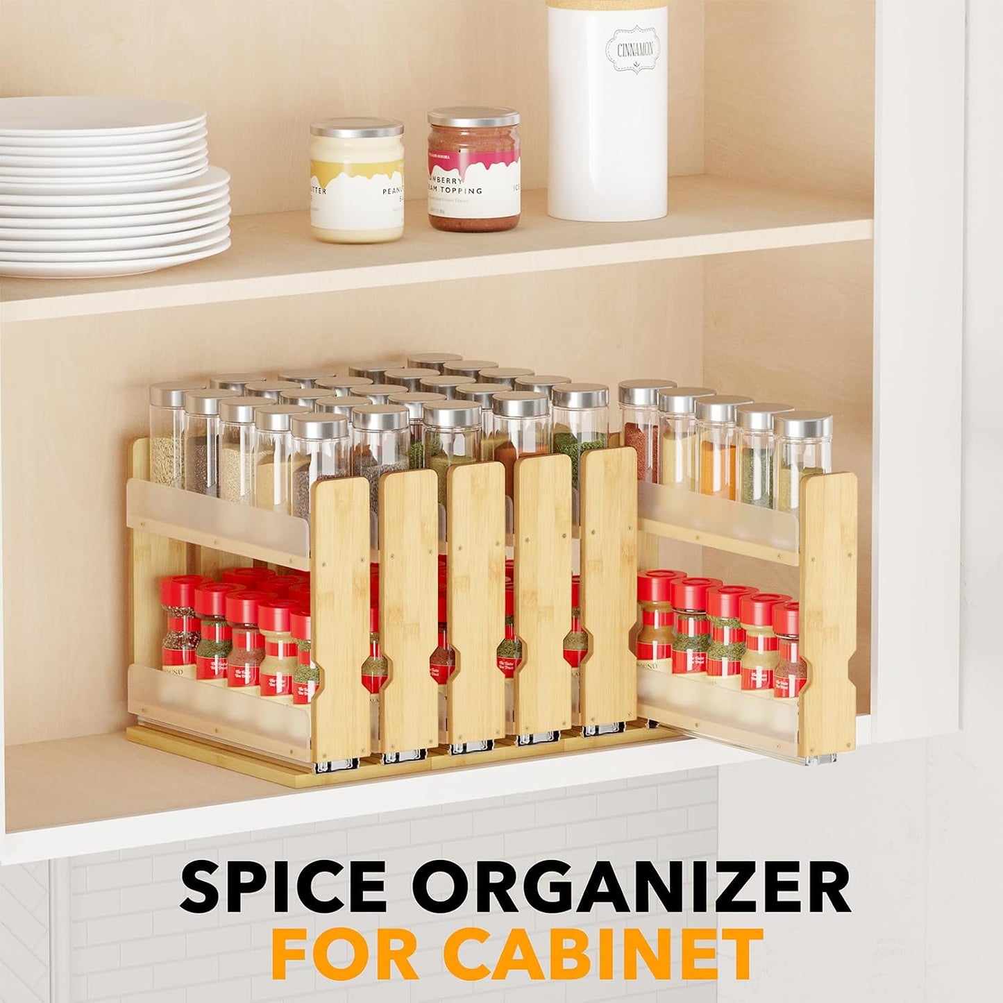 Bamboo Pull Out Spice Rack Organizer for Cabinet, Heavy Duty Slide Out Seasoning Kitchen Pantry Sliding Vertical Organization, 7.6" Wide, 3 Drawers(2" Wide), 2-Tier, Natural